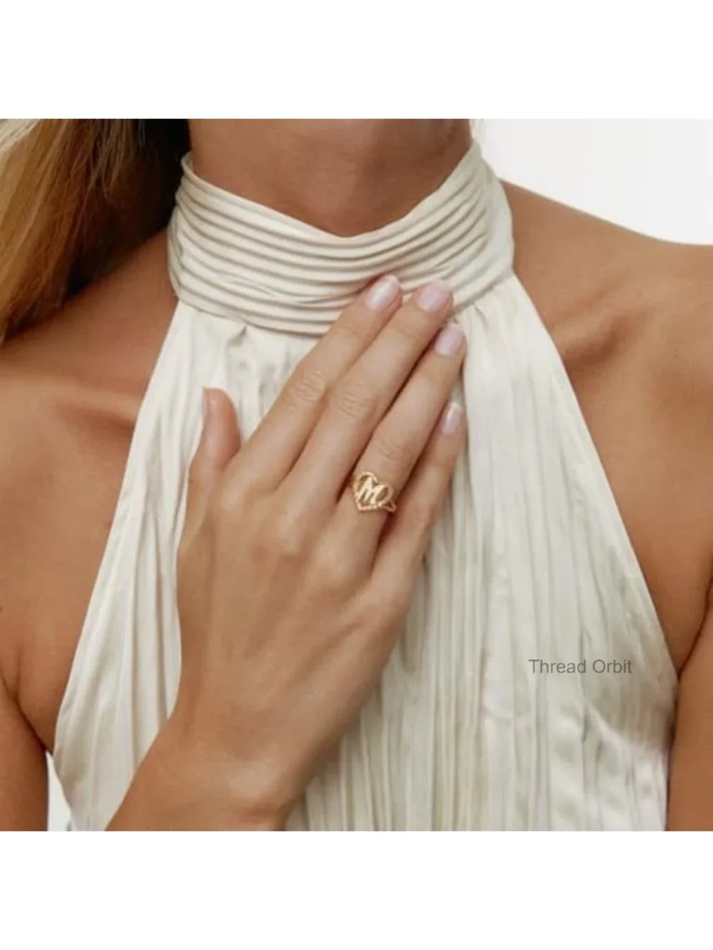 14K Gold Plated Heart Initial Ring - Adjustable Vintage Statement Ring
